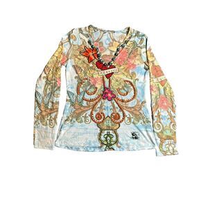 SPY Shirt Womens Medium Colorful Ladies Rhinestone Embellished Boho AOP Flower